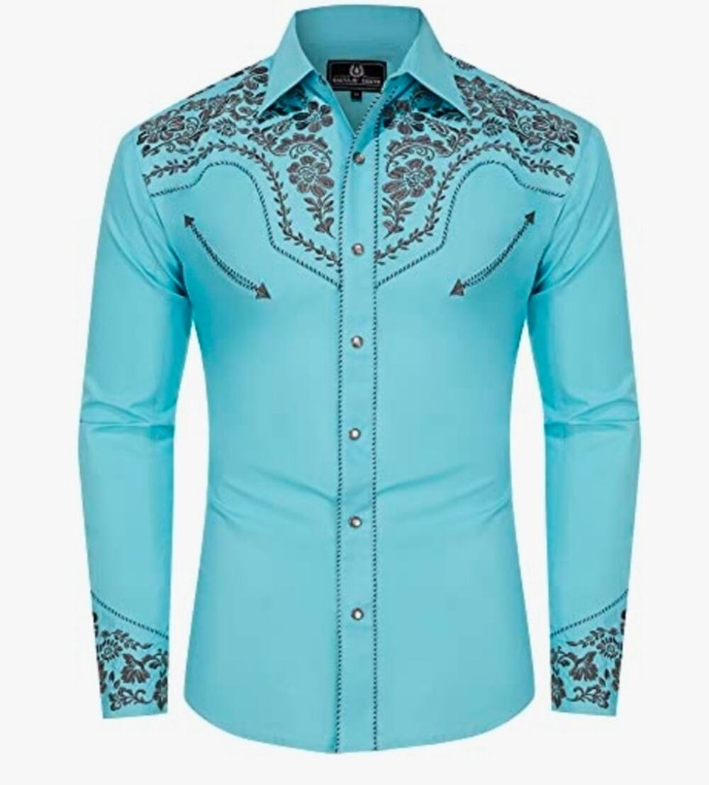 Salvaje Oeste Blue Embroidered Western Cowboy Pearl Snap Long Sleeve Shirt